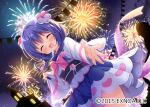  1girl :d ^_^ aerial_fireworks blue_hair blue_skirt blush braid closed_eyes dutch_angle facing_viewer fireworks flower flower_knight_girl hair_between_eyes hair_flower hair_ornament long_hair long_sleeves low_twintails night night_sky obi official_art outdoors pinching_sleeves sash shirt skirt sky sleeves_past_wrists smile solo string_of_flags twin_braids twintails umeko_machi viola_(flower_knight_girl) white_flower white_shirt 