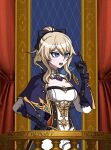  1girl absurdres black_bow black_gloves blonde_hair blue_capelet blue_eyes bow breasts capelet cleavage commentary cowboy_shot genshin_impact gloves hair_between_eyes hair_bow hand_up highres jean_(genshin_impact) komatsuzaki_rui_(style) large_breasts long_hair megu00 open_mouth pants ponytail shirt solo standing strapless strapless_shirt white_pants white_shirt 