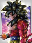  1boy aura biceps black_hair blue_sash body_fur closed_mouth dragon_ball dragon_ball_(object) dragon_ball_gt from_side highres hiro_(udkod1ezlyi2flo) long_hair male_focus monkey_boy monkey_tail muscular muscular_male no_nipples pants pectorals red_fur saiyan sash solo son_goku spiked_hair super_saiyan super_saiyan_4 tail upper_body 