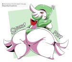  big_breasts big_butt blush blush_lines breasts butt butt_focus cross-popping_vein female gardevoir generation_3_pokemon green_hair hair hi_res huge_butt huge_thighs humanoid hyper hyper_butt nintendo one_eye_obstructed open_mouth overweight overweight_female overweight_humanoid pink_eyes pokemon pokemon_(species) rear_view solo sound_effects standing text thick_thighs veryfilthything white_body 