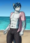  2023 abs absurd_res anthro beach black_bottomwear black_clothing black_pants blue_hair bottomwear clothed clothing detailed_background felid hair hi_res looking_away male mammal muscular muscular_male nipples open_clothing open_shirt open_topwear orange_eyes pantherine pants pink_clothing pink_nipples pink_shirt pink_topwear riku_(za-owl) sand seaside shirt sky smile snow_leopard solo standing topwear water za-owl 