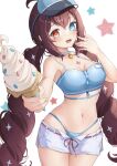  1girl absurdres bare_shoulders bikini blue_bikini blue_eyes breasts brown_hair cleavage epic_seven fang food heterochromia highres holding holding_food ice_cream ice_cream_cone long_hair looking_at_viewer low_twintails luluca_(epic_seven) medium_breasts midriff navel open_mouth red_eyes short_shorts shorts sprinkles star_(symbol) swimsuit twintails twitter_username very_long_hair visor_cap white_shorts yuri_rabi 