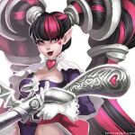  &lt;3 1:1 bangs black_hair breasts cape clothed clothing draculaura fully_clothed gloves gun hair handwear heart_(marking) hi_res highlights_(coloring) humanoid humanoid_pointy_ears katherine_murray lace leotard long_hair male mattel monster_high pigtails pink_hair ranged_weapon solo vampire weapon 