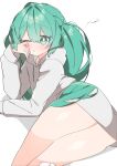  1girl :&lt; absurdres alternate_costume aqua_eyes aqua_hair ass feet_out_of_frame hatsune_miku highres hood hoodie light_blush lying no_pants one_eye_closed rubbing_eyes shiny_skin sleepwear sleepy solo thick_thighs thighs twintails uruti_2388 vocaloid waking_up white_background white_hoodie 