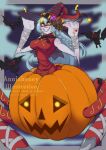  1girl 3others absurdres annette_pardo archnemon arthropod_girl artist_name blue_hair breasts digimon digimon_(creature) flower grin halloween halloween_costume hands_on_headwear hat hat_flower highres horns jack-o&#039;-lantern jack-o&#039;-lantern_hat_ornament large_breasts long_hair looking_at_viewer mask monster_girl multiple_others purple_flower purple_rose red_headwear red_shirt rose shirt sleeveless sleeveless_shirt smile spider_girl teeth twitter_username watermark witch_hat yellow_eyes 