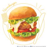  absurdres artist_name burger food food_focus fork haruna_macpro highres knife lettuce meat no_humans original plate tomato tomato_slice web_address white_background 