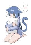  1girl absurdres animal_ears arknights barefoot blue_hair blue_hoodie blush cat_ears cat_girl cat_tail covered_mouth flying_sweatdrops full_body green_eyes highres hood hood_down hoodie jessica_(arknights) kumamu long_sleeves looking_at_viewer object_hug one_eye_closed pillow pillow_hug seiza simple_background sitting solo spoken_blush tail white_background 