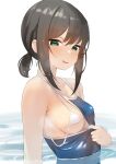  1girl bikini blue_one-piece_swimsuit blush breasts brown_hair fubuki_(kancolle) green_eyes hair_between_eyes highres kantai_collection looking_at_viewer low_ponytail medium_breasts micro_bikini one-piece_swimsuit parted_lips partially_submerged ponytail sakieko short_ponytail sidelocks simple_background solo swimsuit upper_body water wet wet_hair white_background white_bikini 