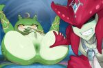  1boy 1girl anus blush embarrassed highres jewelry mdthetest presenting presenting_anus presenting_pussy sidon smile spread_anus teeth the_legend_of_zelda the_legend_of_zelda:_tears_of_the_kingdom yona_(zelda) zora 