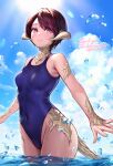  1girl au_ra avatar_(ff14) bangs blue_one-piece_swimsuit breasts commission covered_navel day dragon_horns dragon_tail final_fantasy final_fantasy_xiv highleg highleg_swimsuit highres horns looking_at_viewer mirukurim one-piece_swimsuit outdoors parted_bangs red_eyes red_hair scales short_hair skeb_commission small_breasts solo standing swimsuit tail water 