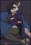  american_opossum anthro black_hair blep blush breasts cleavage cleavage_cutout clothed clothing crea_(lotusgoatess) female fur grey_body grey_fur hair hair_over_eye hi_res hoodie lying mammal marsupial on_side one_eye_obstructed psychorodent smile solo tattoo tongue tongue_out topwear underwear whiskers 