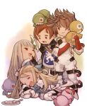  armor blonde_hair blue_bow bow bravely_default_(series) bravely_second:_end_layer brown_eyes brown_hair closed_eyes closed_mouth edea_lee flower gloves hair_bow hair_flower hair_ornament highres holding holding_stuffed_toy irono16 long_hair looking_at_another lying magnolia magnolia_arch one_eye_closed one_eye_covered open_mouth red_eyes short_hair sleeping smile standing stuffed_animal stuffed_toy tiz_arrior white_hair yew_geneolgia 