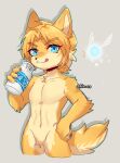  2023 altern015 alternate_species anthro beverage blonde_hair bottle canid canine canis claws container duo fairy featureless_crotch fur furrification hair hi_res holding_bottle holding_container holding_object looking_at_viewer male mammal milk navi nintendo nude ocarina_of_time signature the_legend_of_zelda tongue tongue_out tuft white_body white_fur wolf yellow_body yellow_fur young_link 