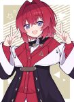  1girl absurdres ange_katrina ange_katrina_(1st_costume) black_coat blue_eyes cardigan coat double_v hair_intakes hair_ornament hairpin highres nijisanji open_mouth poryuyee red_cardigan red_hair short_hair smile solo v virtual_youtuber 