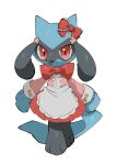  animal_focus apron blush bow bowtie full_body furry long_sleeves no_humans pleated_skirt pokemon pokemon_(creature) red_bow red_eyes red_skirt riolu simple_background skirt standing tail waist_apron white_background yumeminoideyu2 