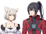  1boy 1girl animal_ear_fluff animal_ears black_hair black_shirt blue_eyes braid breasts camisole closed_mouth collarbone covered_collarbone eye_contact grey_hair hair_between_eyes highres jacket long_sleeves looking_at_another looking_to_the_side medium_breasts mio_(xenoblade) noah_(xenoblade) off_shoulder open_clothes open_jacket parted_bangs ponytail puffy_long_sleeves puffy_sleeves red_jacket shirt short_hair simple_background thick_eyebrows upper_body white_background white_camisole white_jacket xenoblade_chronicles_(series) xenoblade_chronicles_3 yamamori_kinako yellow_eyes 