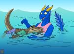  anthro blue_body blue_scales clothing crocodile crocodilian crocodylid dragon duo female floaties foxenawolf green_body green_scales horn irwin_(turbo) male open_mouth orange_eyes partially_submerged reptile scales scalie swimming swimming_trunks swimwear tail 