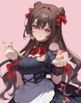  1girl absurdres apron bare_shoulders black_dress breasts brown_hair cake chyoel double_bun dress food fork hair_bun hair_ornament highres large_breasts licking_lips long_hair looking_at_viewer original plate red_eyes smile solo tongue tongue_out waist_apron 