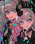  2girls :p :q absurdres bear_hair_ornament black_crown_(object) black_flower black_horns blue_eyes blush blush_stickers braid breasts brown_hair crown danganronpa:_trigger_happy_havoc danganronpa_(series) enoshima_junko fingerless_gloves flower gloves hair_flower hair_ornament heart highres horns long_hair master_detective_archives:_rain_code medium_breasts momae_makku multiple_girls nail_polish necktie pink_hair shinigami_(rain_code) smile tongue tongue_out twin_braids twintails upper_body 