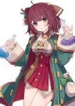  1girl ahoge atelier_(series) atelier_sophie blue_coat brown_eyes coat collared_coat corset cross-laced_clothes cross-laced_top dalachi_(headdress) flask frills hair_ornament highres holding holding_flask jewelry legs_together long_coat long_sleeves looking_at_viewer necklace open_mouth red_hair red_skirt round-bottom_flask sateto_(user_knrf2332) short_hair simple_background skirt solo sophie_neuenmuller white_background 