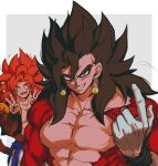  2boys absurdres biceps black_wristband blue_eyes blue_sash body_fur dragon_ball dragon_ball_gt dragon_ball_heroes earrings gogeta gogeta_(xeno) highres jewelry looking_at_viewer male_focus metamoran_vest monkey_boy monkey_tail multiple_boys muscular muscular_male no_nipples pants pectorals potara_earrings red_fur red_hair relio_db318 sash simple_background smile spiked_hair super_saiyan super_saiyan_4 tail vegetto vegetto_(xeno) veins veiny_hands white_pants 