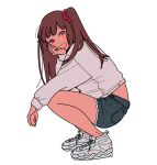  1girl :d blue_shorts brown_hair cutoffs fangs from_side full_body hair_ornament hair_scrunchie hand_up long_hair long_sleeves looking_at_viewer looking_to_the_side midriff nire_hikari one_side_up open_mouth outstretched_arm red_eyes scrunchie shirt shoes shorts simple_background smile sneakers solo squatting white_background white_shirt world_trigger yk_no_yd 