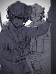  1boy 1girl beard ear_protection facial_hair gloves gun helmet highres looking_at_viewer military military_operator monochrome night_vision_device original parted_lips pen_guin15 plate_carrier simple_background sketch smile tactical_clothes upper_body weapon 