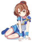  1girl arle_nadja blue_headwear blue_skirt blush brown_hair highres jazz_grace looking_at_viewer madou_monogatari ponytail puyopuyo short_hair simple_background sitting skirt solo whip yellow_eyes 