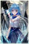  1girl absurdres belt blue_bow blue_bowtie blue_eyes blue_hair blue_skirt blurry blurry_background bow bowtie brown_belt building buttons collared_shirt commentary_request cryokinesis flower hand_up highres ice ice_crystal ice_flower korean_commentary looking_at_viewer magic mixed-language_commentary nemesiss_shido open_mouth original pleated_skirt rose shirt skirt sleeveless sleeveless_shirt solo thorns white_shirt 
