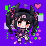  1girl black_hair blunt_bangs commentary curly_hair demon_horns denonbu dress earrings english_commentary full_body hair_ornament hair_ribbon hand_up heart heart_earrings highres horns jewelry long_hair looking_at_viewer misoni_(mi-soni) open_mouth pill pink_ribbon puffy_short_sleeves puffy_sleeves purple_background purple_dress red_eyes reml ribbon shoes short_sleeves smile solo standing twintails x_hair_ornament 