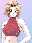  1girl bare_shoulders blonde_hair blue_background blue_mary breasts collarbone commentary crop_top english_commentary fatal_fury gradient_background hand_on_own_hip highres lipstick makeup midriff navel pink_lips retro_artstyle signature simple_background smile solo tedbob84 the_king_of_fighters triangle_mouth 