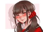  1girl black_sailor_collar blush brown_hair danganronpa_(series) danganronpa_v3:_killing_harmony grey_background hair_ornament hair_scrunchie hairclip harukawa_maki long_hair looking_at_viewer low_twintails mole mole_under_eye portrait red_eyes red_scrunchie red_shirt sailor_collar sake_daikon scrunchie shirt smile solo twintails two-tone_background white_background 