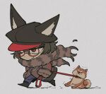  1boy animal_ears animal_hat black_headwear blue_pants boots cabbie_hat chibi closed_mouth coat commentary_request dog fake_animal_ears full_body fur-trimmed_sleeves fur_collar fur_trim glasses grey_background grey_coat hat holding holding_leash karabako leash long_sleeves male_focus master_detective_archives:_rain_code pants red-framed_eyewear red_eyes round_eyewear running shiba_inu short_hair simple_background smile solo zilch_alexander 