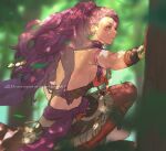  1girl 91007 back branch brown_eyes earrings facial_mark fire_emblem fire_emblem:_three_houses from_behind highres jewelry leaf long_hair perching_position petra_macneary ponytail purple_hair solo tree very_long_hair wind 