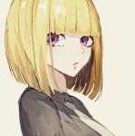  1girl blonde_hair bob_cut expressionless grey_shirt hair_between_eyes highres hime_cut izmtyan looking_at_viewer medium_hair necktie original pale_skin purple_eyes shirt simple_background straight_hair white_background white_necktie 