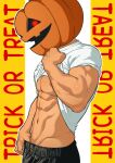  1boy bara clothes_lift cowboy_shot finger_under_clothes from_side glowing glowing_eyes groin halloween halloween_costume hidora_art highres jack-o&#039;-lantern_head large_pectorals lifted_by_self looking_at_viewer male_focus muscular muscular_male original pectorals red_eyes shirt shirt_lift sideways_glance solo t-shirt trick_or_treat underpec 