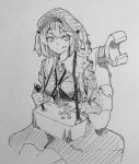  1girl :p backpack bag commentary flat_cap greyscale hat highres kanaria_(bocmn) kawashiro_nitori key long_sleeves monochrome one-hour_drawing_challenge pocket shirt simple_background sketch skirt solo tongue tongue_out touhou traditional_media two_side_up wrench 