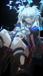  1girl aqua_eyes black_choker bolt choker clenched_teeth dark_background electric_chair electrocution girls&#039;_frontline grey_hair hair_ornament halloween_costume highres jacket lightning long_hair lwmmg_(girls&#039;_frontline) lwmmg_(patchworker&#039;s_soliloquy)_(girls&#039;_frontline) multicolored_hair official_alternate_costume open_clothes open_jacket patchwork_skin red_hair rff_(3_percent) saliva scar scar_on_arm scar_on_face scar_on_leg shirt solo teeth white_shirt 
