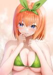  1girl absurdres bare_shoulders bikini blue_eyes blush breasts cleavage collarbone commentary_request finger_to_mouth floral_print gibun_(sozoshu) go-toubun_no_hanayome gradient_background green_bikini green_hairband hairband hands_on_own_chest hands_up highres large_breasts looking_at_viewer nakano_yotsuba orange_background orange_hair parted_lips print_bikini revision short_hair solo swimsuit upper_body 