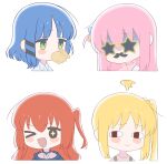  4girls :d absurdres ahoge blanchat blonde_hair blue_hair blush blush_stickers bocchi_the_rock! brown_eyes chibi closed_mouth collared_shirt commentary cube_hair_ornament detached_ahoge earrings fake_facial_hair fake_mustache food french_fries gotoh_hitori green_eyes hair_between_eyes hair_ornament highres ijichi_nijika jacket jewelry kita_ikuyo long_hair looking_at_viewer mole mole_under_eye multiple_girls one_eye_closed one_side_up open_mouth pink_hair pink_jacket portrait red_hair shirt short_hair side_ponytail sidelocks simple_background smile sparkling_eyes star-shaped_eyewear sunglasses symbol-only_commentary v-shaped_eyebrows white_background white_shirt yamada_ryo 