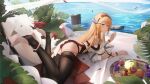  1girl anklet apple arknights ball beachball bead_anklet black_thighhighs blonde_hair blue_eyes cherry cup day dragon_girl dragon_horns drinking_glass feet_up food fruit grapes highres horns jewelry leaf ling_dianxia log long_hair looking_at_viewer orange_(fruit) outdoors saileach_(arknights) saileach_(summer_flowers)_(arknights) solo stirrup_legwear thighhighs toeless_legwear very_long_hair water wine_glass 