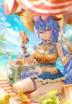  1girl alternate_costume arrrrrry1 beach beer_bottle beer_can bell blue_hair blue_sky blush breasts can cloud day eyewear_on_head ganyu_(genshin_impact) genshin_impact highres horns jewelry long_hair looking_at_viewer md5_mismatch navel necklace outdoors parted_lips purple_eyes revision sidelocks sitting sky smile solo sunglasses toy umbrella wariza 