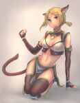  1girl 2023 animal_ear_fluff animal_ears artist_name avatar_(ff11) black_gloves black_thighhighs blonde_hair blue_eyes breasts brown_tail cactus41747280 cat_ears cat_girl cat_tail circlet cleavage commentary_request dated elbow_gloves final_fantasy final_fantasy_xi fingerless_gloves full_body gloves highres loincloth medium_breasts mithra_(ff11) no_eyebrows parted_bangs short_ponytail sitting solo tail thighhighs wariza 