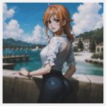  1girl absurdres ass blurry blurry_background blush hand_on_railing highres looking_at_viewer looking_back medium_hair nami_(one_piece) one_piece orange_eyes orange_hair outdoors pants parted_lips pm_786 shirt short_sleeves solo tight_clothes tight_pants tight_shirt 