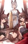  4girls =_= absurdres age_difference akagi-chan_(azur_lane) amagi-chan_(azur_lane) amagi_(azur_lane) animal_ear_fluff animal_ears azur_lane bare_shoulders bell brown_hair brown_kimono brown_tail choker closed_mouth commentary dual_persona fox_ears fox_girl hair_ornament highres holding japanese_clothes kaga_(azur_lane) kimono long_hair looking_at_another multiple_girls obi object_on_head open_mouth pillow print_kimono purple_shirt red_eyes red_kimono samip sash shirt short_hair sitting sleeping smile standing surprised sweatdrop tail white_hair white_kimono 