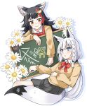  2girls ahoge ai_ai_gasa animal_ear_fluff animal_ears black_hair blush bow bowtie braid brown_sweater chalk chalkboard collared_shirt commentary_request flower_request fox_ears fox_girl fox_tail green_eyes grey_skirt hair_between_eyes hair_ornament hairclip hololive ichimi long_hair looking_at_another multicolored_hair multiple_girls ookami_mio open_mouth oruyanke_(shirakami_fubuki) pentagram pleated_skirt red_bow red_bowtie red_hair shirakami_fubuki shirt sidelocks single_braid skirt smile streaked_hair sweater tail virtual_youtuber white_hair white_shirt wolf_ears wolf_girl 