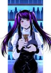  1girl an&#039;no_natsume bar_(place) bartender blush cocktail cocktail_glass cup drinking_glass highres jill_stingray long_hair looking_at_viewer purple_hair red_eyes smile solo twintails va-11_hall-a white_day 