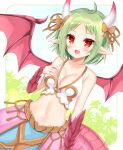  1girl :d bare_shoulders bow breasts brown_bow cleavage collarbone commission dragon_girl dragon_horns dragon_tail dragon_wings dutch_angle forehead green_hair hand_up highres horn_bow horn_ornament horns medium_breasts navel original parted_bangs pink_wings pointy_ears red_eyes scales shikito skeb_commission smile solo tail wings 