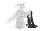  2girls absurdres angel angel_wings barefoot black_dress commentary covered_eyes cross cross_necklace dress full_body grey_hair habit halo hand_on_another&#039;s_head highres holding_hands jewelry kneeling long_hair looking_at_another multiple_girls necklace nun original simple_background single_wing sitting symbol-only_commentary very_long_hair wariza white_background white_dress white_hair wings yuge_kemuri 