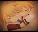  2boys bandage_over_one_eye blanket blonde_hair brown_sailor_collar brown_serafuku child collared_shirt detached_sleeves heads_together highres hug kagamine_len male_child male_focus meranoreuka_(naokentak) multiple_boys oliver_(vocaloid) open_mouth puffy_short_sleeves puffy_sleeves sailor_collar school_uniform serafuku shared_blanket shirt short_hair short_sleeves sleeping vocaloid white_shirt yaoi 